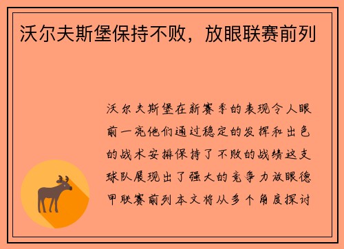 沃尔夫斯堡保持不败，放眼联赛前列